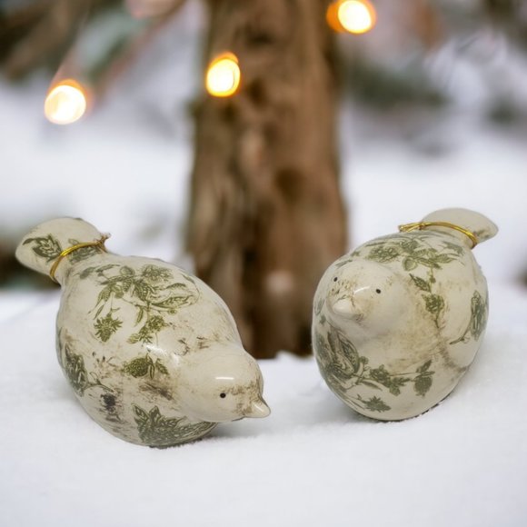 Ceramic Toile Bird Figurine  by Transpac - Cream & Green Floral -  Looking Up - Picture 7 of 7